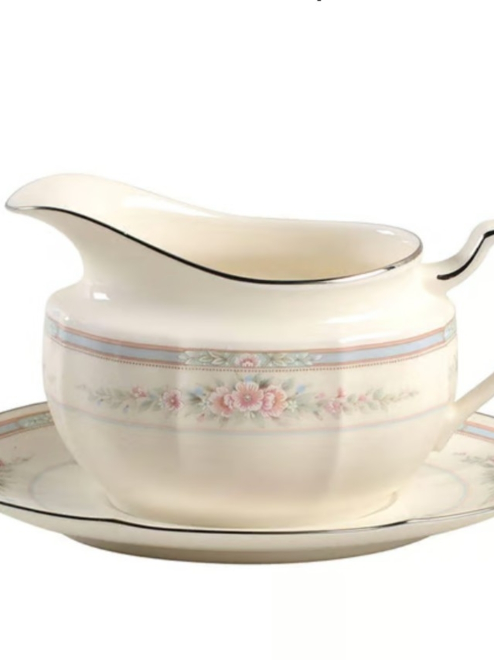 Noritake Ivory Porcelain Creamer and Saucer with Pink Floral and Pale Blue Band